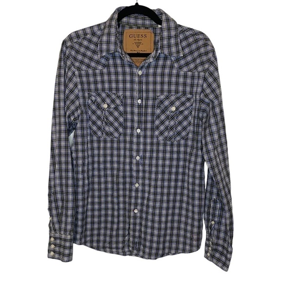 Guess Plaid Western Black Blue Green Button Up Cotton Shirt Long Sleeve - Picture 1 of 6